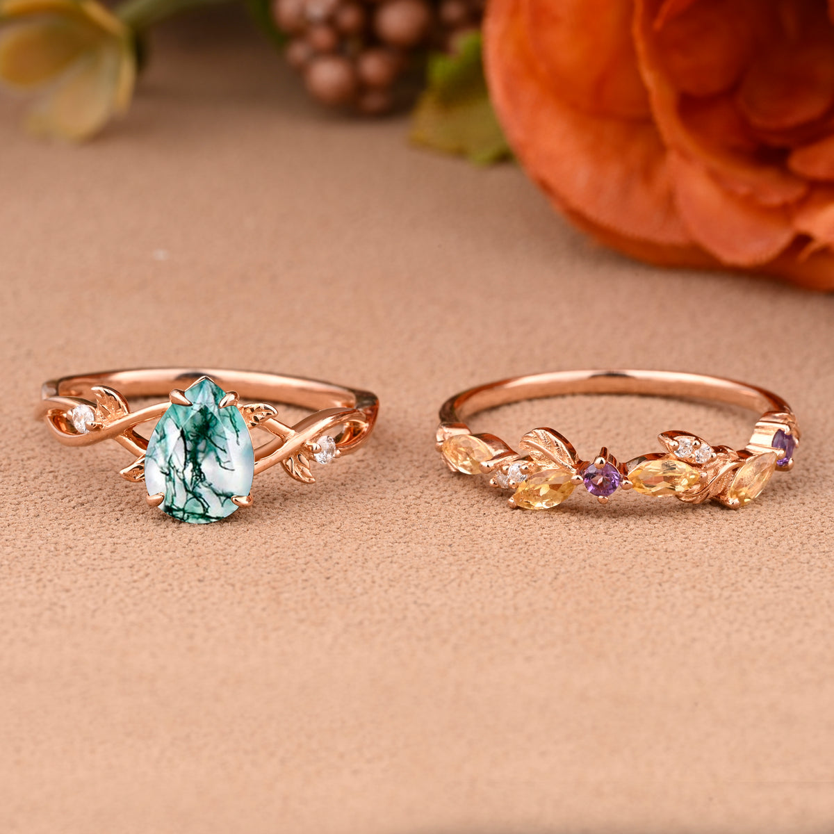 Vintage Pear Cut Moss Agate Engagement Ring Set Leaf Ring Art Deco Bridal Ring 18k Rose Gold Ring Set For Women Promise Bridal Ring Set