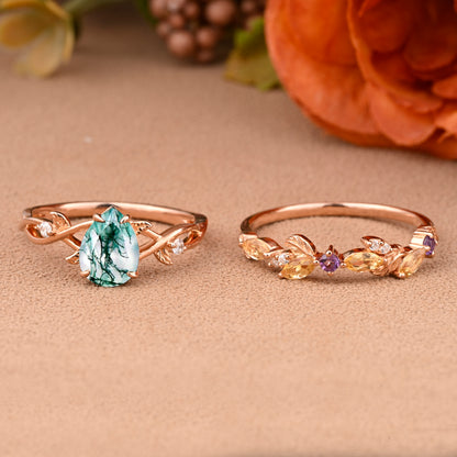 Vintage Pear Cut Moss Agate Engagement Ring Set Leaf Ring Art Deco Bridal Ring 18k Rose Gold Ring Set For Women Promise Bridal Ring Set