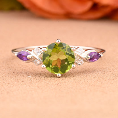 Unique Round Cut Peridot Engagement Ring Vintage Rose Gold Moissanite Wedding Ring For Women Amethyst Bridal Ring Anniversary Gift For Her