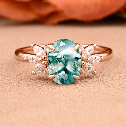 Unique Vintage Oval Cut Moss Agate Ring Solid 18k Rose Gold Ring Handmade Moissanite Engagement Ring Promise Bridal Ring Anniversary Gift