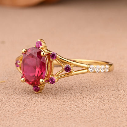 Vintage Oval Shape Ruby Engagement Ring Set Unique Ruby Gemstone Promise Bridal Ring Set Anniversary Gift