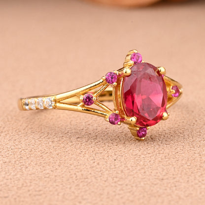 Vintage Oval Shape Ruby Engagement Ring Set Unique Ruby Gemstone Promise Bridal Ring Set Anniversary Gift