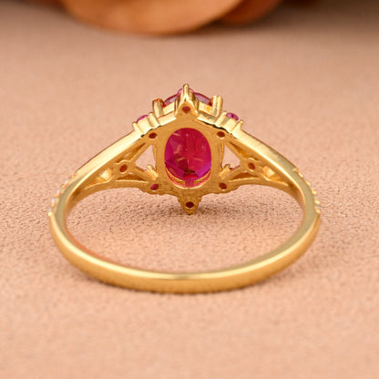 Vintage Oval Shape Ruby Engagement Ring Set Unique Ruby Gemstone Promise Bridal Ring Set Anniversary Gift