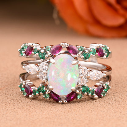 Oval Cut Pink Opal Engagement Ring Set Unique Rose Gold Wedding Ring Marquise Cut Colorful Bridal Ring Set Delicate Enhance Ring Set Anniversary Gift