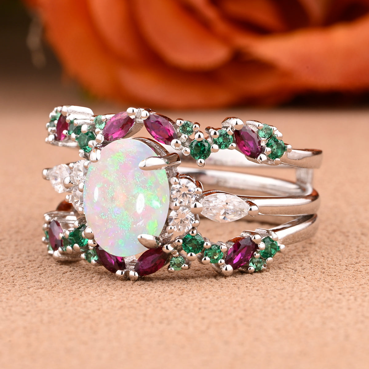 Oval Cut Pink Opal Engagement Ring Set Unique Rose Gold Wedding Ring Marquise Cut Colorful Bridal Ring Set Delicate Enhance Ring Set Anniversary Gift