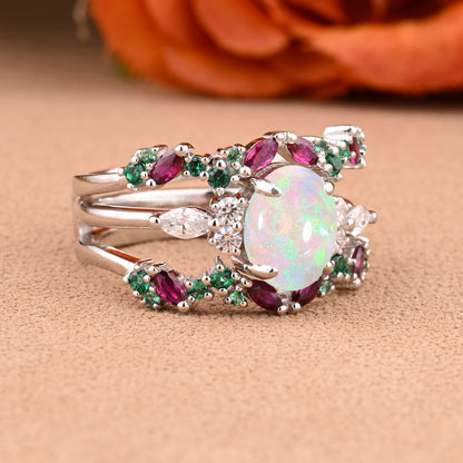 Oval Cut Pink Opal Engagement Ring Set Unique Rose Gold Wedding Ring Marquise Cut Colorful Bridal Ring Set Delicate Enhance Ring Set Anniversary Gift