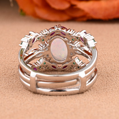 Oval Cut Pink Opal Engagement Ring Set Unique Rose Gold Wedding Ring Marquise Cut Colorful Bridal Ring Set Delicate Enhance Ring Set Anniversary Gift