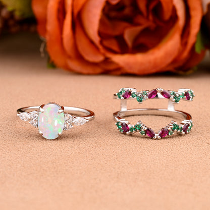 Oval Cut Pink Opal Engagement Ring Set Unique Rose Gold Wedding Ring Marquise Cut Colorful Bridal Ring Set Delicate Enhance Ring Set Anniversary Gift