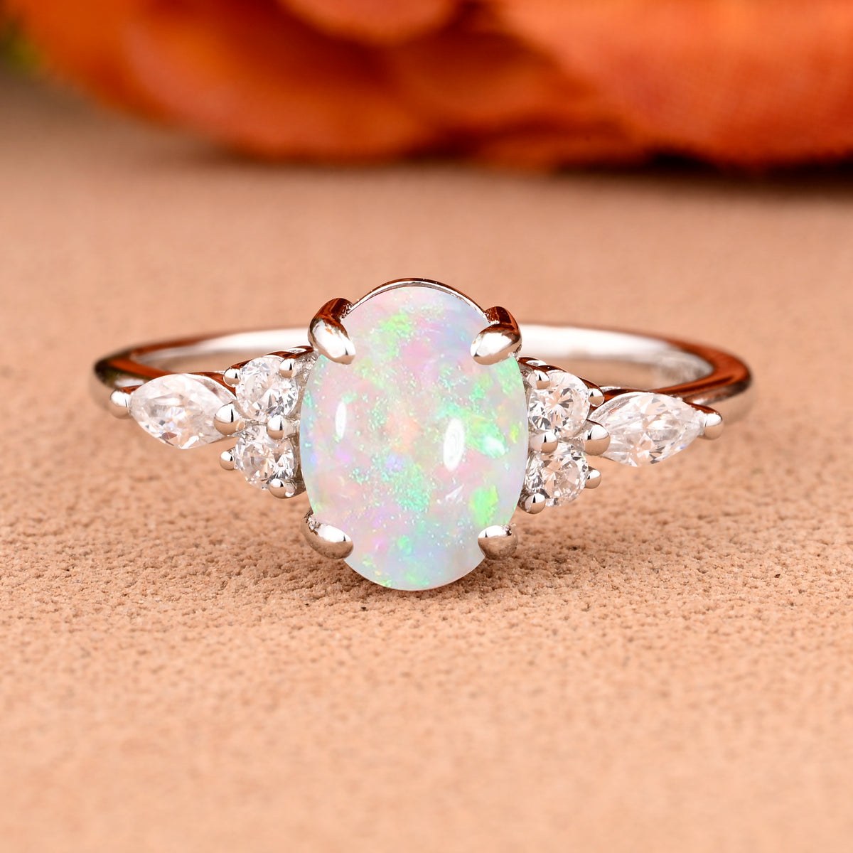 Oval Cut Pink Opal Engagement Ring Set Unique Rose Gold Wedding Ring Marquise Cut Colorful Bridal Ring Set Delicate Enhance Ring Set Anniversary Gift