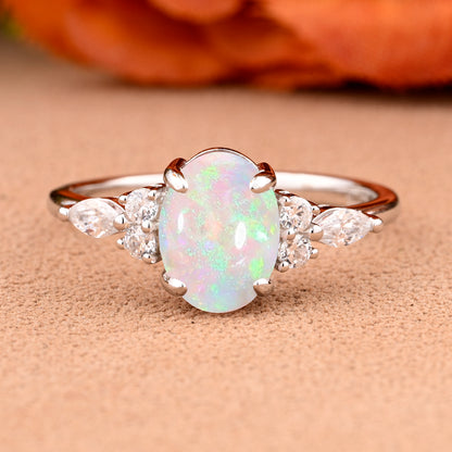 Oval Cut Pink Opal Engagement Ring Set Unique Rose Gold Wedding Ring Marquise Cut Colorful Bridal Ring Set Delicate Enhance Ring Set Anniversary Gift