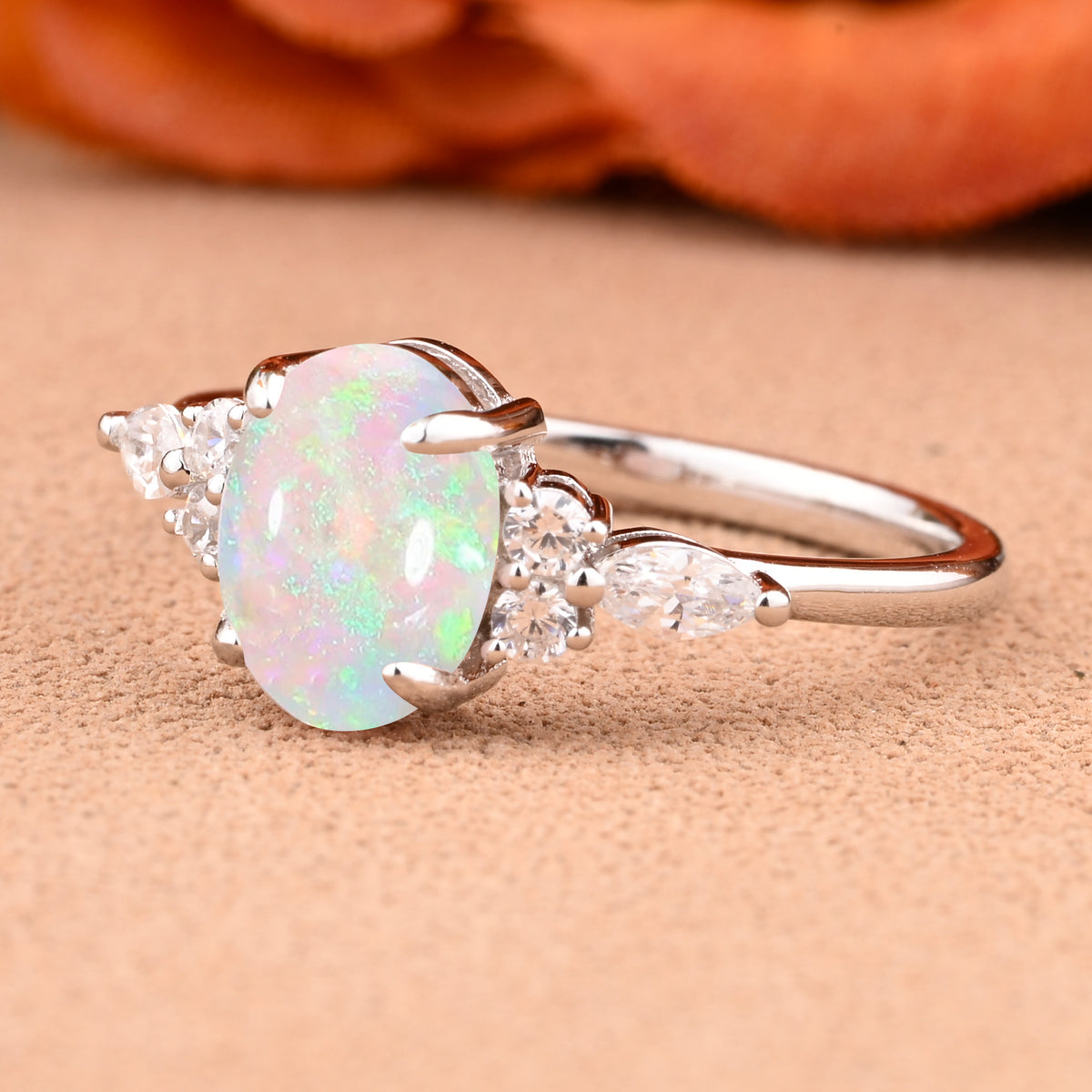 Oval Cut Pink Opal Engagement Ring Set Unique Rose Gold Wedding Ring Marquise Cut Colorful Bridal Ring Set Delicate Enhance Ring Set Anniversary Gift