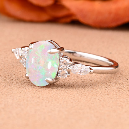 Oval Cut Pink Opal Engagement Ring Set Unique Rose Gold Wedding Ring Marquise Cut Colorful Bridal Ring Set Delicate Enhance Ring Set Anniversary Gift