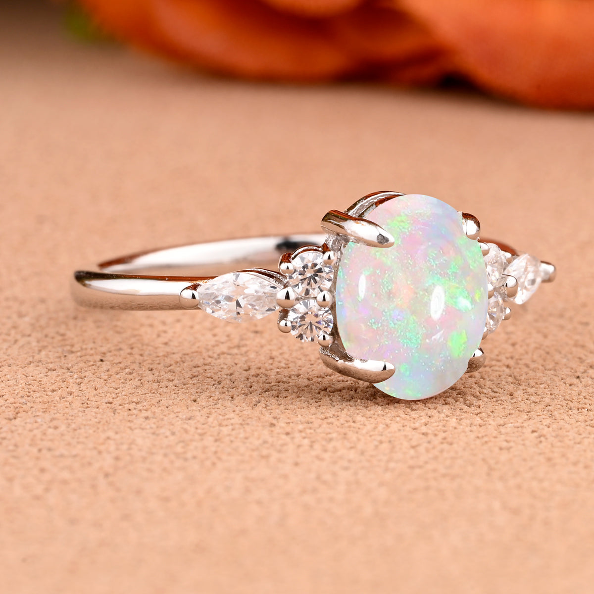 Oval Cut Pink Opal Engagement Ring Set Unique Rose Gold Wedding Ring Marquise Cut Colorful Bridal Ring Set Delicate Enhance Ring Set Anniversary Gift