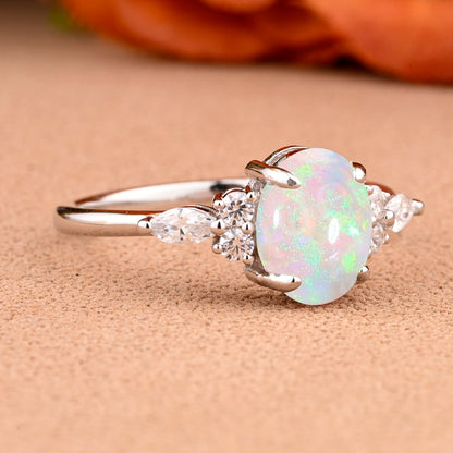 Oval Cut Pink Opal Engagement Ring Set Unique Rose Gold Wedding Ring Marquise Cut Colorful Bridal Ring Set Delicate Enhance Ring Set Anniversary Gift