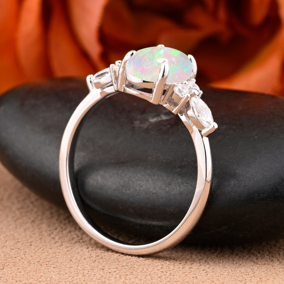 Oval Cut Pink Opal Engagement Ring Set Unique Rose Gold Wedding Ring Marquise Cut Colorful Bridal Ring Set Delicate Enhance Ring Set Anniversary Gift