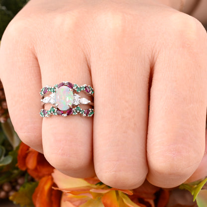 Oval Cut Pink Opal Engagement Ring Set Unique Rose Gold Wedding Ring Marquise Cut Colorful Bridal Ring Set Delicate Enhance Ring Set Anniversary Gift