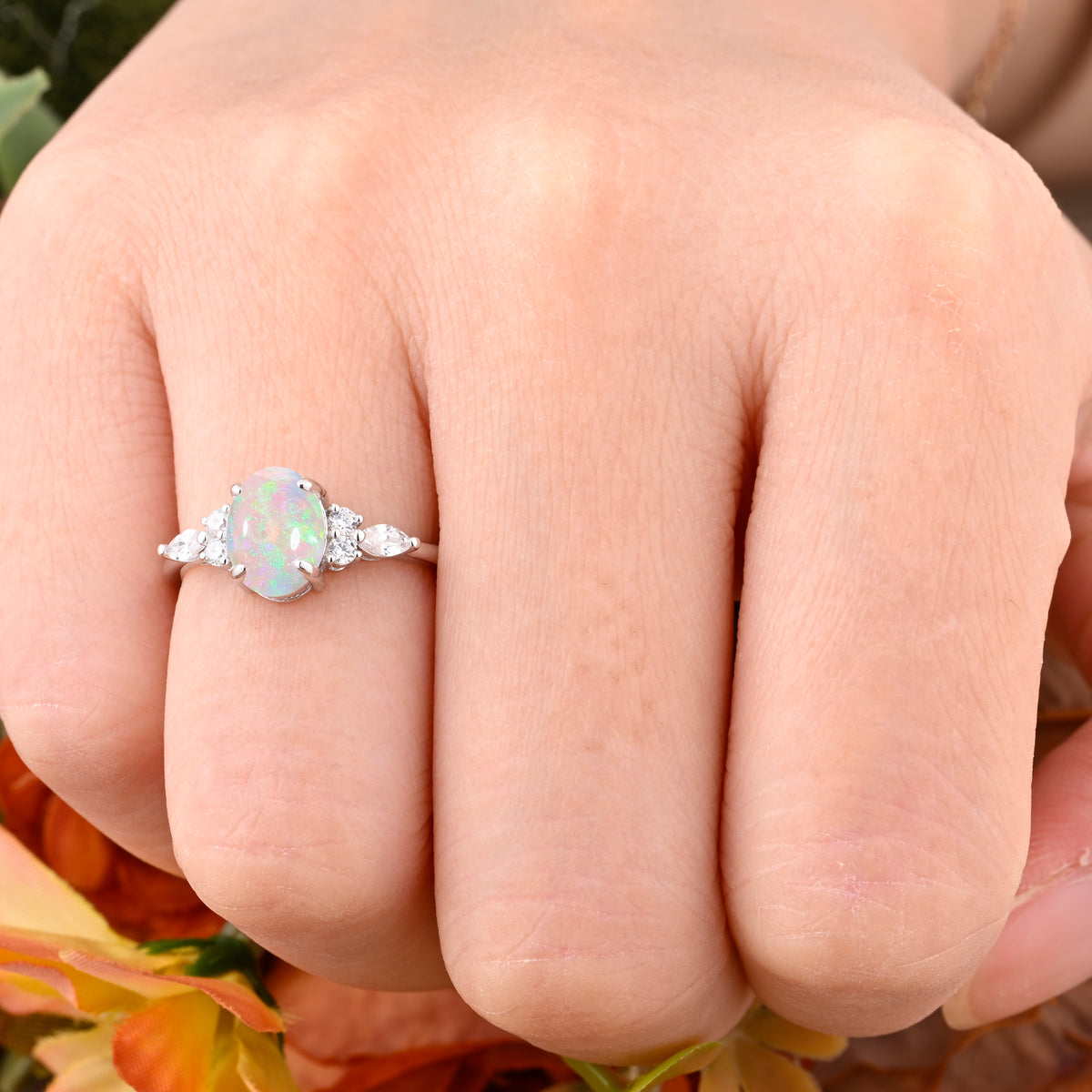 Oval Cut Pink Opal Engagement Ring Set Unique Rose Gold Wedding Ring Marquise Cut Colorful Bridal Ring Set Delicate Enhance Ring Set Anniversary Gift