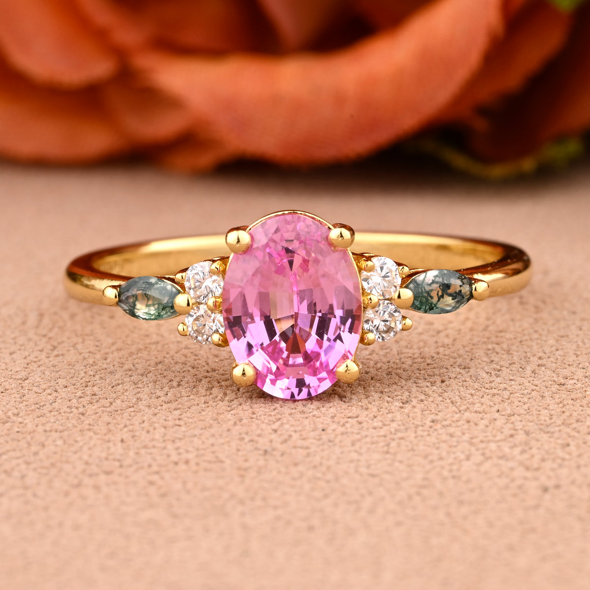 Unique Vintage Pink Sapphire Engagement Ring 14K Rose Gold Oval Cut Natural Moss Agate Wedding Promise Ring Handmade Ring Anniversary Rings For Women