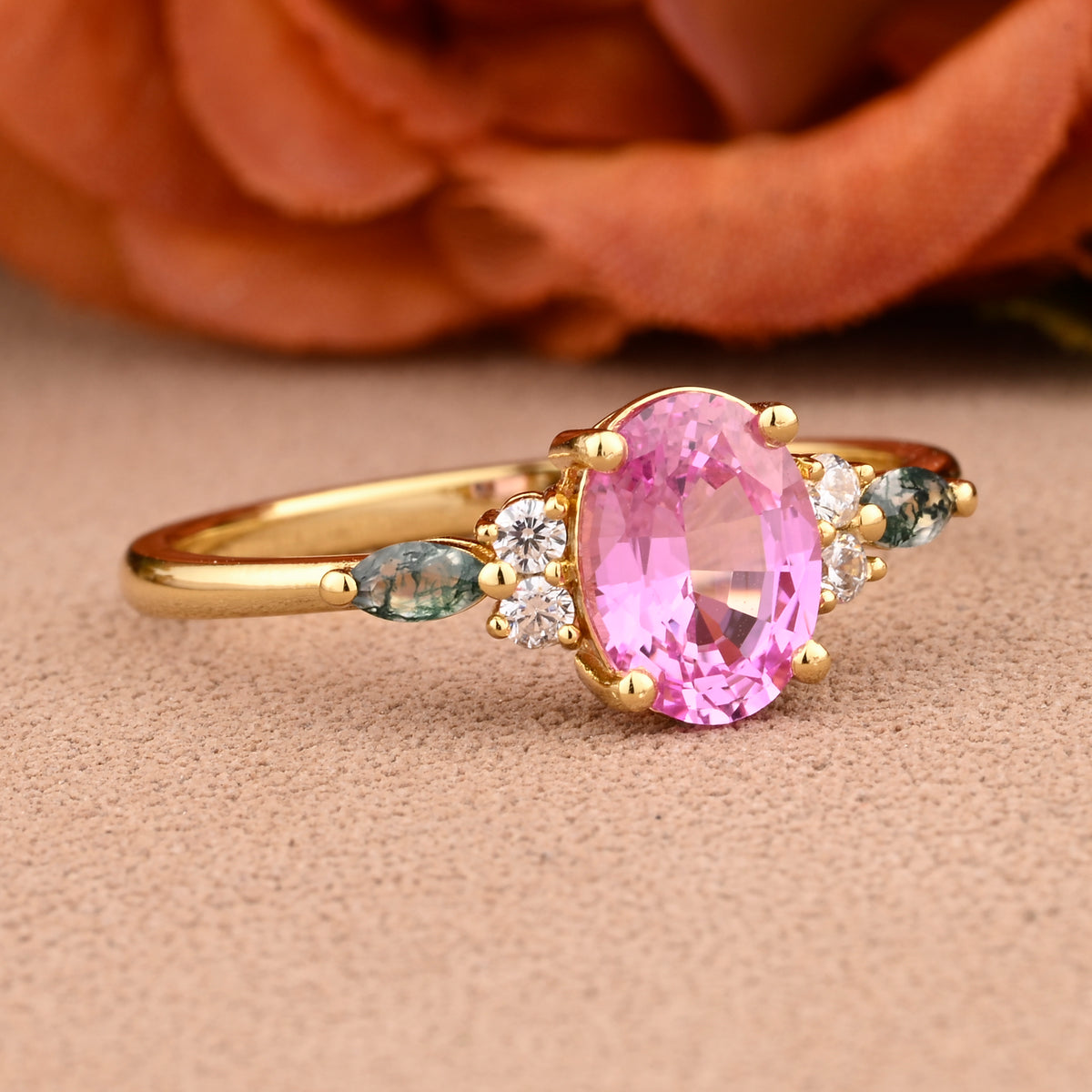 Unique Vintage Pink Sapphire Engagement Ring 14K Rose Gold Oval Cut Natural Moss Agate Wedding Promise Ring Handmade Ring Anniversary Rings For Women