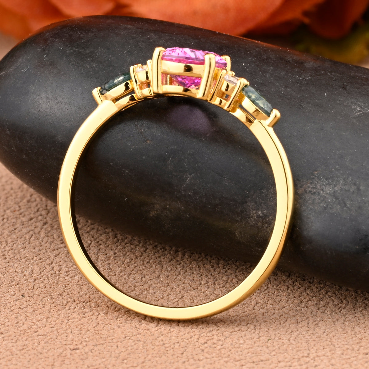 Unique Vintage Pink Sapphire Engagement Ring 14K Rose Gold Oval Cut Natural Moss Agate Wedding Promise Ring Handmade Ring Anniversary Rings For Women