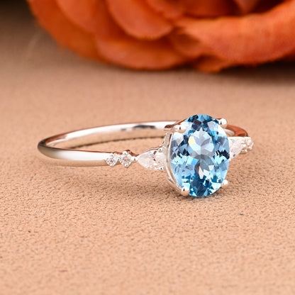 Vintage Oval Cut Aquamarine Ring Unique Aquamarine Engagement Ring Ocean-like Gemstone Wedding Statement Ring Gift For Her