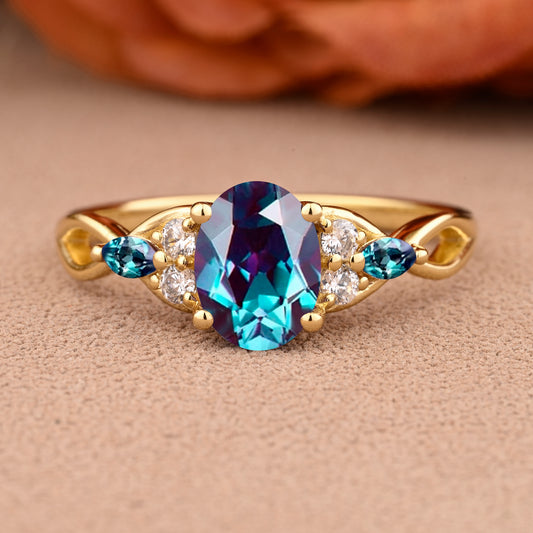 Oval Cut Alexandrite Engagement Ring Unique Alexandrite Moissanite Wedding Ring Gift For Her Ver.2