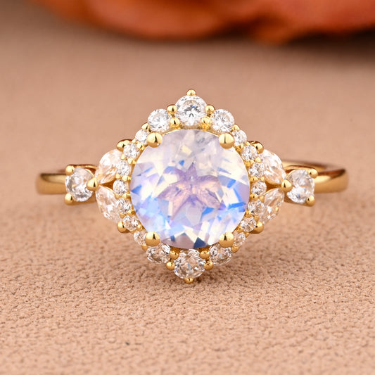 Vintage Moissanite Wedding Ring Set Unique Round Cut Moissanite Engagement Ring Moissanite Gemstone Ring Anniversary Gift For Her