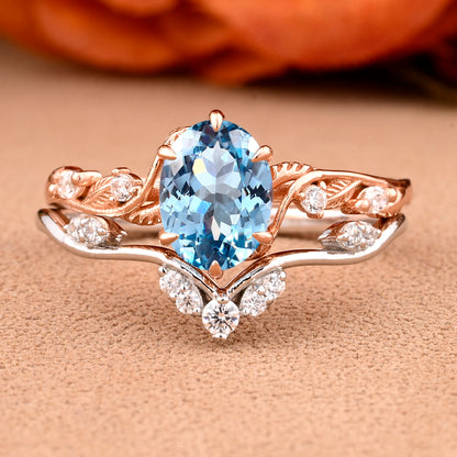 Vintage Oval Cut Aquamarine Engagement Aquamarine Ring Set Art Deco Bridal Ring Set Stackable Ring