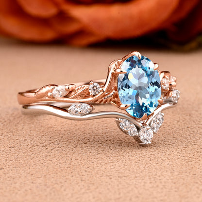 Vintage Oval Cut Aquamarine Engagement Aquamarine Ring Set Art Deco Bridal Ring Set Stackable Ring