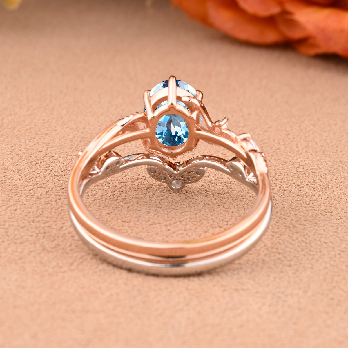 Vintage Oval Cut Aquamarine Engagement Aquamarine Ring Set Art Deco Bridal Ring Set Stackable Ring