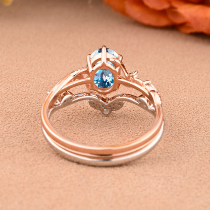 Vintage Oval Cut Aquamarine Engagement Aquamarine Ring Set Art Deco Bridal Ring Set Stackable Ring