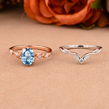 Vintage Oval Cut Aquamarine Engagement Aquamarine Ring Set Art Deco Bridal Ring Set Stackable Ring