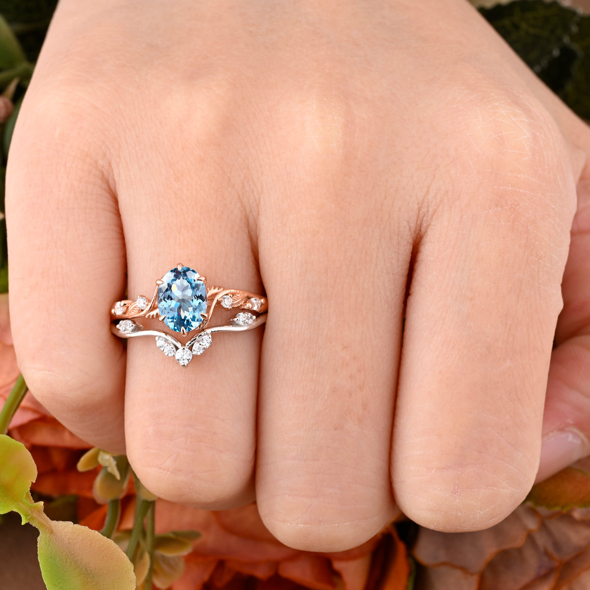Vintage Oval Cut Aquamarine Engagement Aquamarine Ring Set Art Deco Bridal Ring Set Stackable Ring