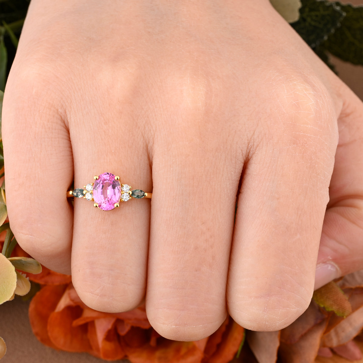 Unique Vintage Pink Sapphire Engagement Ring 14K Rose Gold Oval Cut Natural Moss Agate Wedding Promise Ring Handmade Ring Anniversary Rings For Women