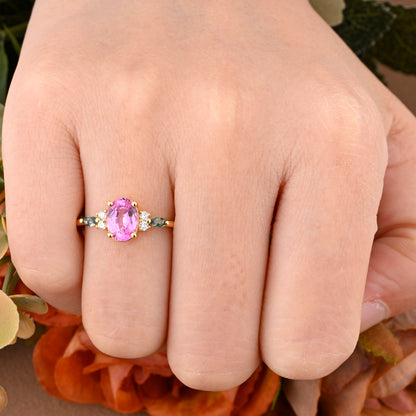 Unique Vintage Pink Sapphire Engagement Ring 14K Rose Gold Oval Cut Natural Moss Agate Wedding Promise Ring Handmade Ring Anniversary Rings For Women