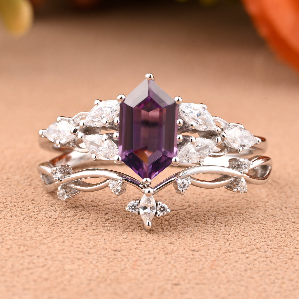 Hexagon Cut Amethyst Engagement Ring Set Vintage Unique 14k Rose Gold Purple Amethyst Ring For Women Unique Bridal Wedding Ring Set Anniversary Gift