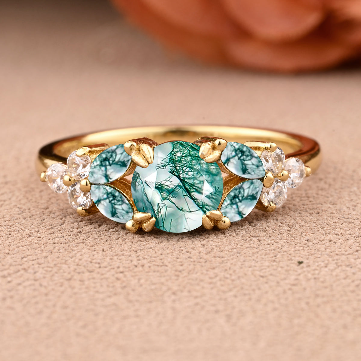 Moss Agate engagement ring bridal ring Anniversary cluster round cut Leaf Rings Promise Ring art deco promise rings Handmade jewelry gifts