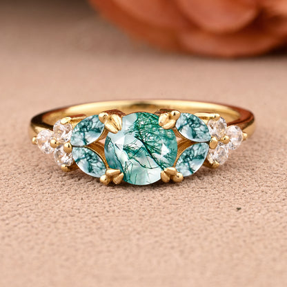 Moss Agate engagement ring bridal ring Anniversary cluster round cut Leaf Rings Promise Ring art deco promise rings Handmade jewelry gifts