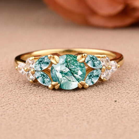 Moss Agate engagement ring bridal ring Anniversary cluster round cut Leaf Rings Promise Ring art deco promise rings Handmade jewelry gifts