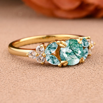 Moss Agate engagement ring bridal ring Anniversary cluster round cut Leaf Rings Promise Ring art deco promise rings Handmade jewelry gifts