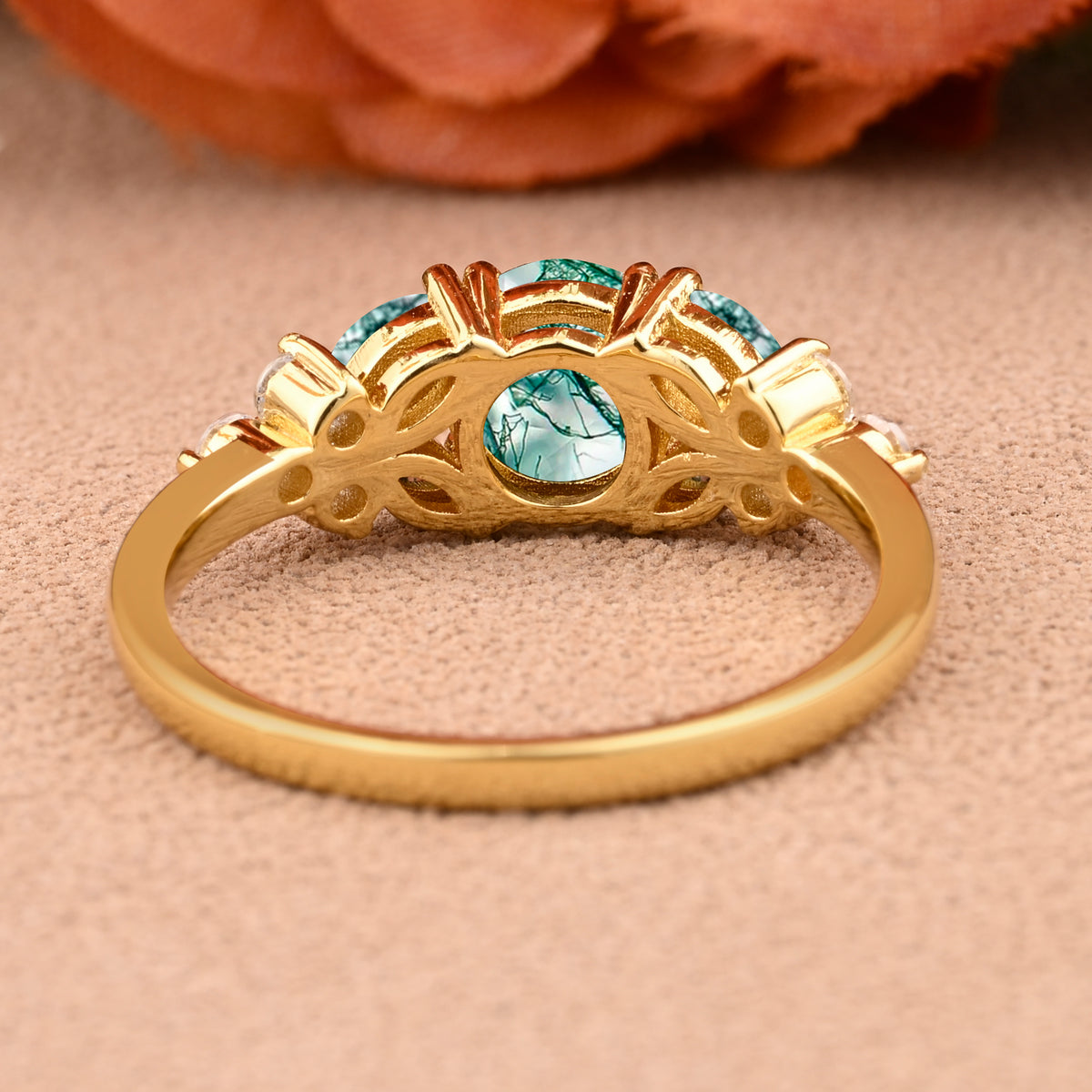 Moss Agate engagement ring bridal ring Anniversary cluster round cut Leaf Rings Promise Ring art deco promise rings Handmade jewelry gifts