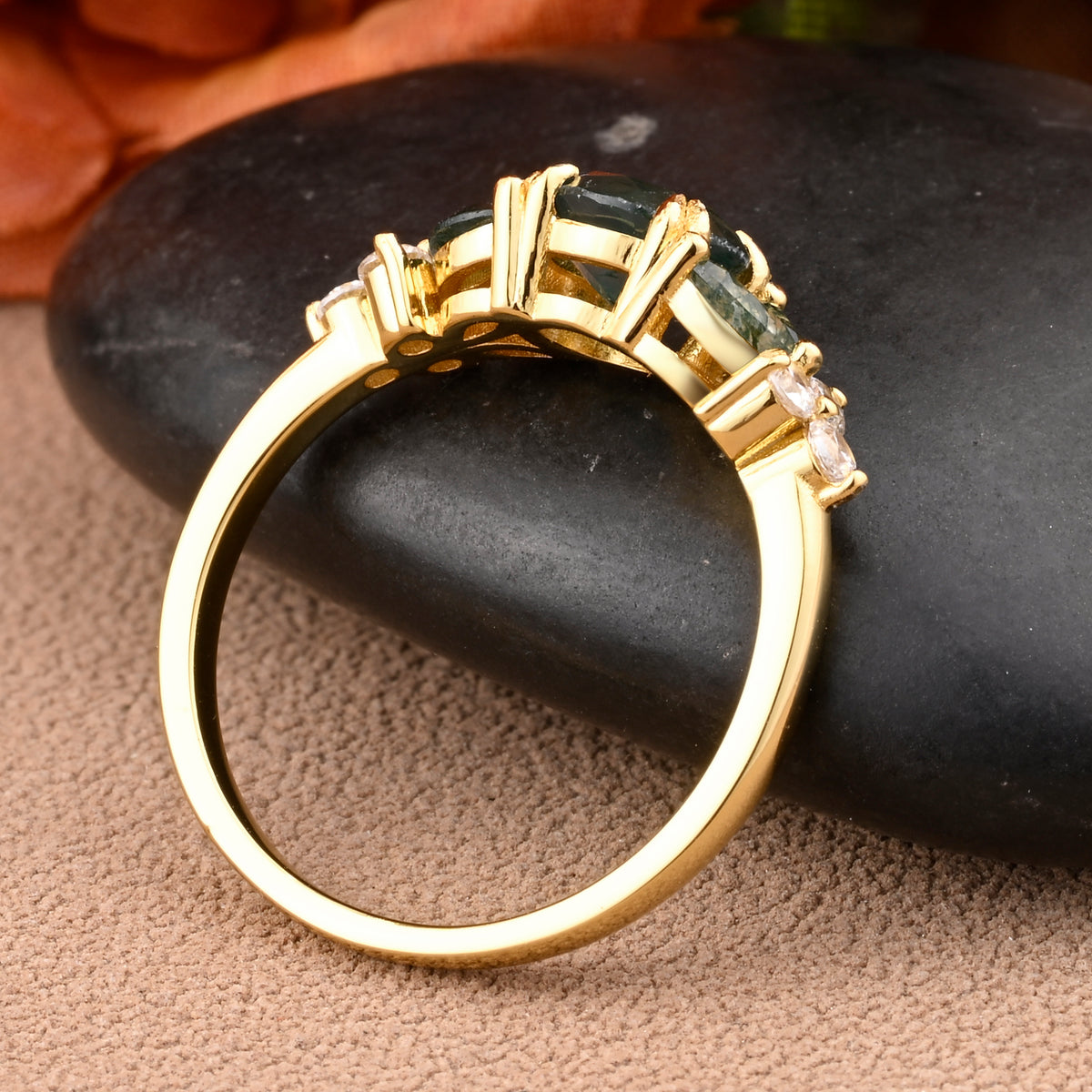 Moss Agate engagement ring bridal ring Anniversary cluster round cut Leaf Rings Promise Ring art deco promise rings Handmade jewelry gifts