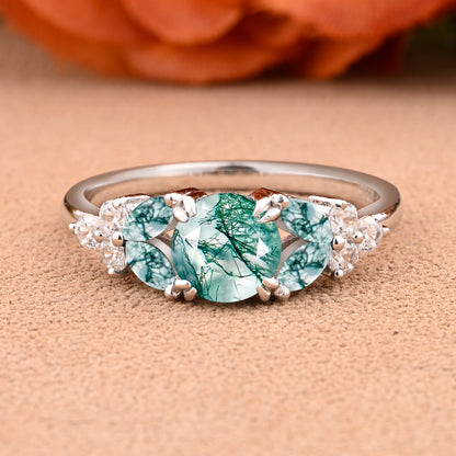 Moss Agate engagement ring bridal ring Anniversary cluster round cut Leaf Rings Promise Ring art deco promise rings Handmade jewelry gifts