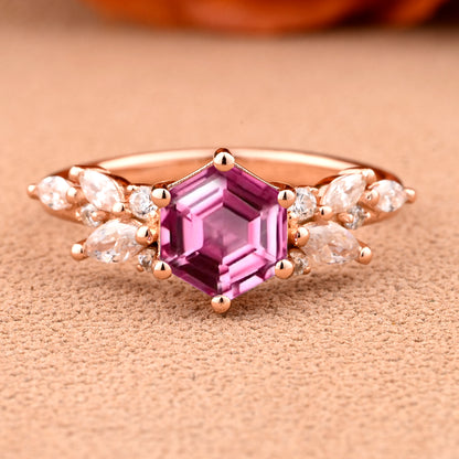 Vintage Hexagon Cut Pink Sapphire Engagement Ring Nature Inspired Cluster Promise Ring Rose Gold Art Deco Leaf Women Gemstone Branch Ring