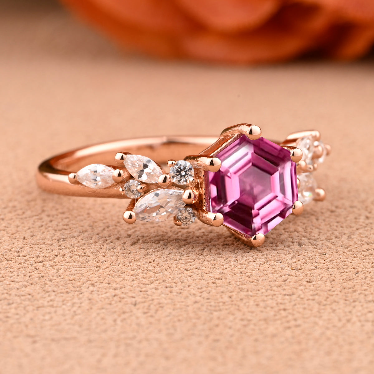 Vintage Hexagon Cut Pink Sapphire Engagement Ring Nature Inspired Cluster Promise Ring Rose Gold Art Deco Leaf Women Gemstone Branch Ring