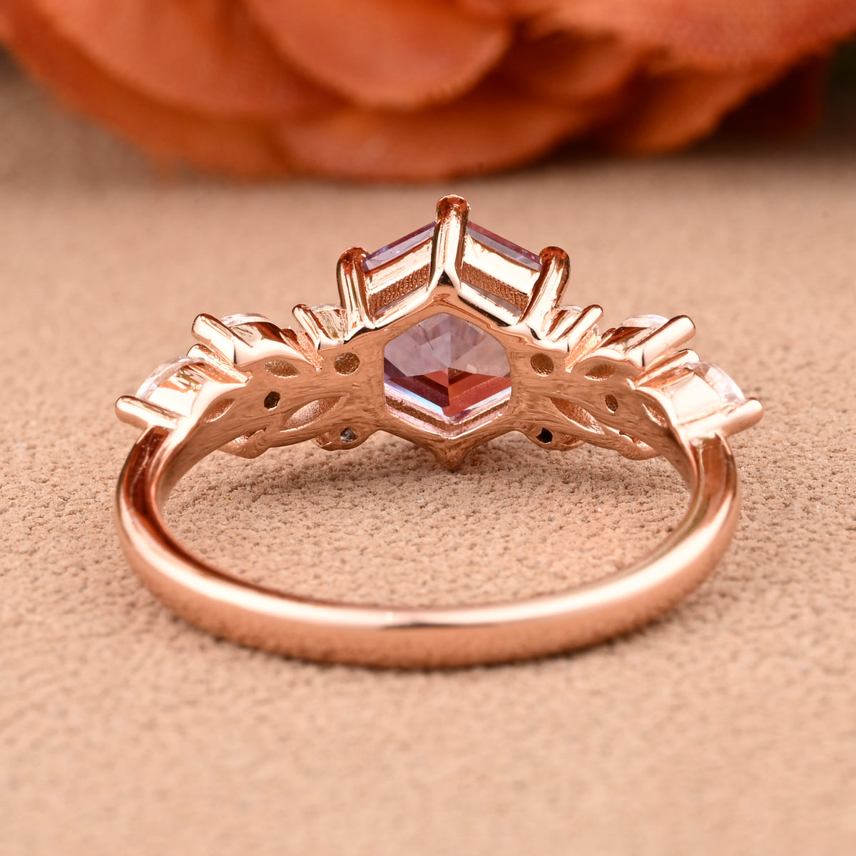 Vintage Hexagon Cut Pink Sapphire Engagement Ring Nature Inspired Cluster Promise Ring Rose Gold Art Deco Leaf Women Gemstone Branch Ring