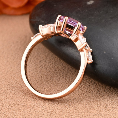 Vintage Hexagon Cut Pink Sapphire Engagement Ring Nature Inspired Cluster Promise Ring Rose Gold Art Deco Leaf Women Gemstone Branch Ring