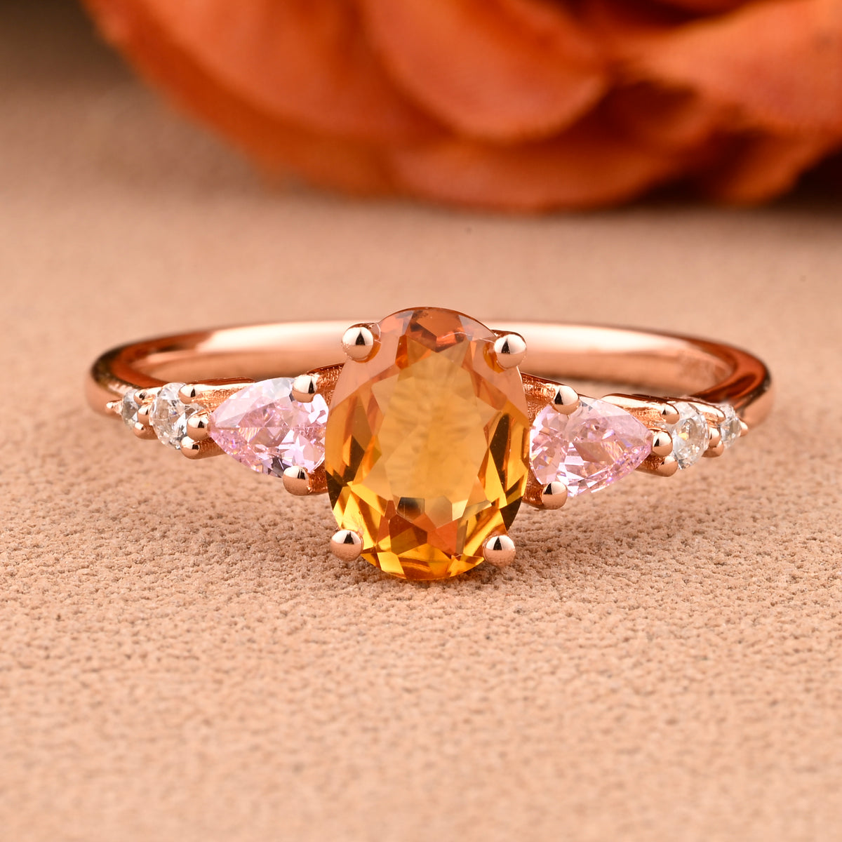 Vintage Oval Citrine Engagement Ring Unique Pink Sapphire Sidestones Oval Gemstone Promise Ring
