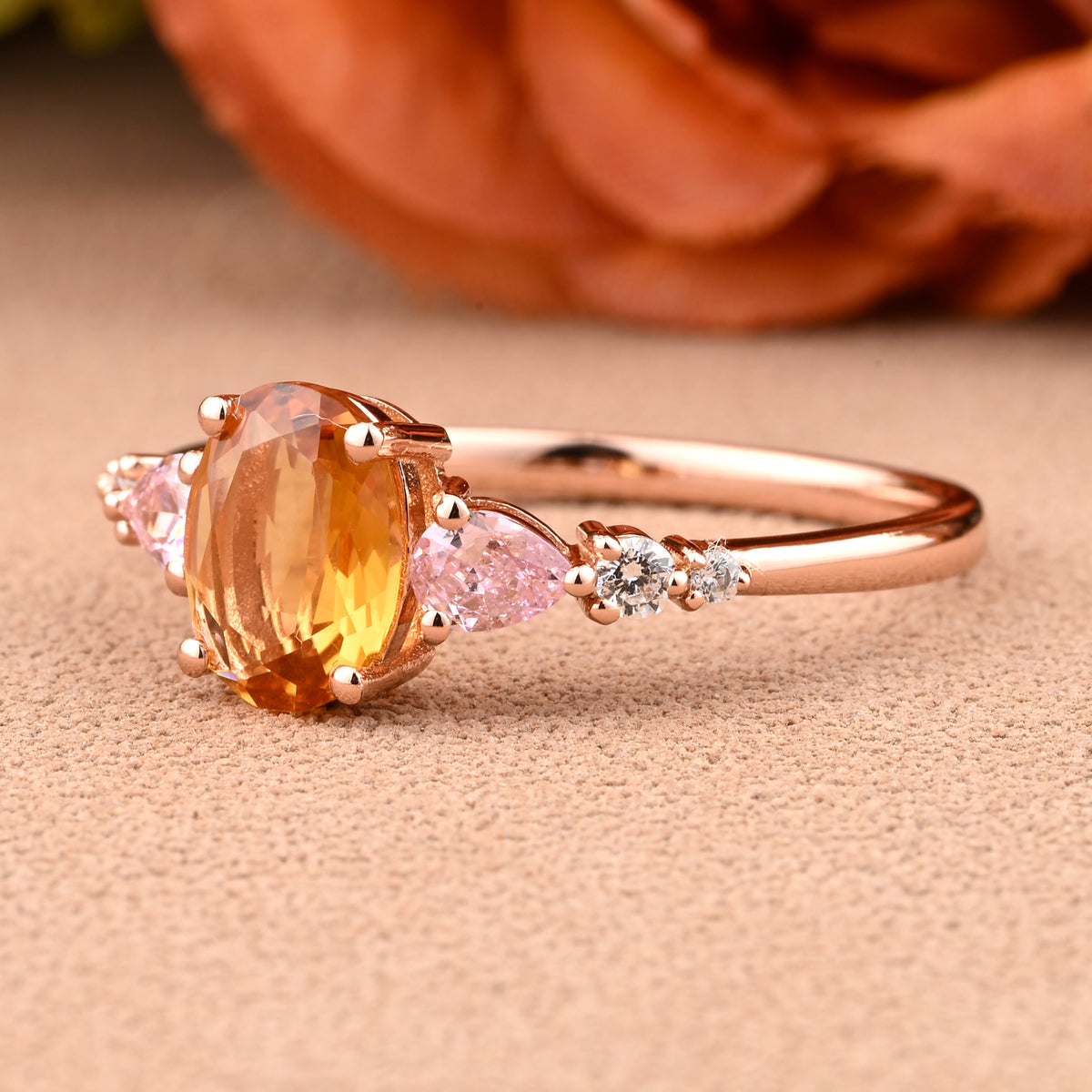 Vintage Oval Citrine Engagement Ring Unique Pink Sapphire Sidestones Oval Gemstone Promise Ring
