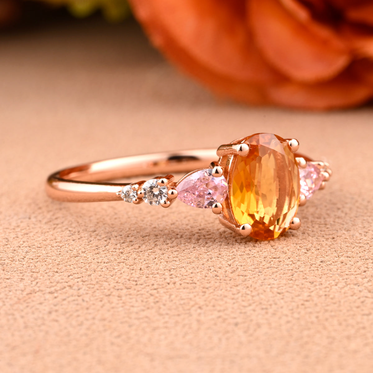 Vintage Oval Citrine Engagement Ring Unique Pink Sapphire Sidestones Oval Gemstone Promise Ring